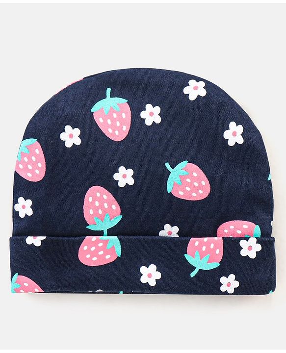 Babyhug 100% Cotton Cap Mittens & Booties Strawberry Print Navy Blue - Diameter 11.5 cm