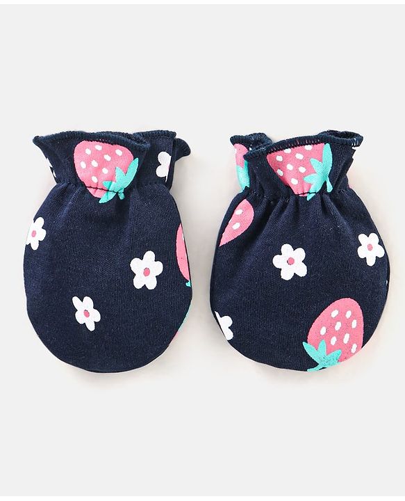 Babyhug 100% Cotton Cap Mittens & Booties Strawberry Print Navy Blue - Diameter 11.5 cm