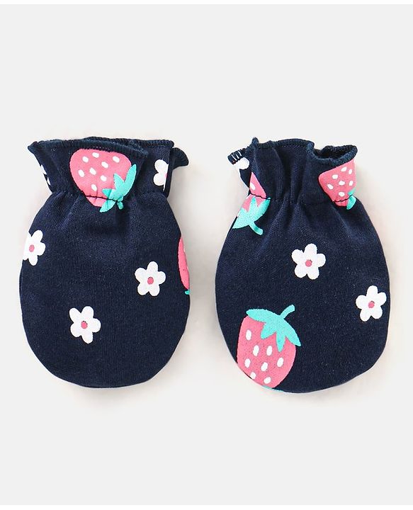 Babyhug 100% Cotton Cap Mittens & Booties Strawberry Print Navy Blue - Diameter 11.5 cm