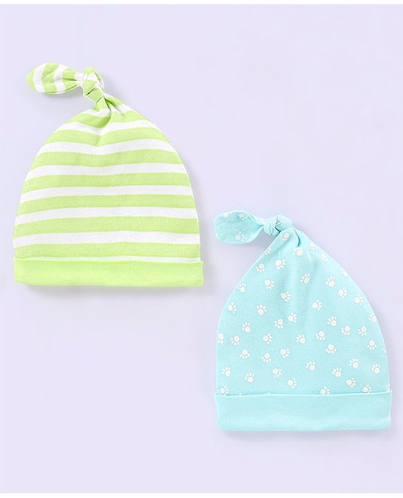 Babyhug 100% Cotton Stripped and Paw Printed Caps Pack of 2 Green and Blue - Diameter 9.5 cm