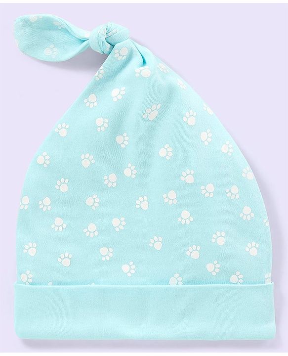 Babyhug 100% Cotton Stripped and Paw Printed Caps Pack of 2 Green and Blue - Diameter 9.5 cm