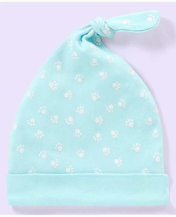 Babyhug 100% Cotton Stripped and Paw Printed Caps Pack of 2 Green and Blue - Diameter 9.5 cm