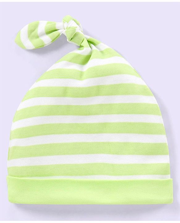 Babyhug 100% Cotton Stripped and Paw Printed Caps Pack of 2 Green and Blue - Diameter 9.5 cm