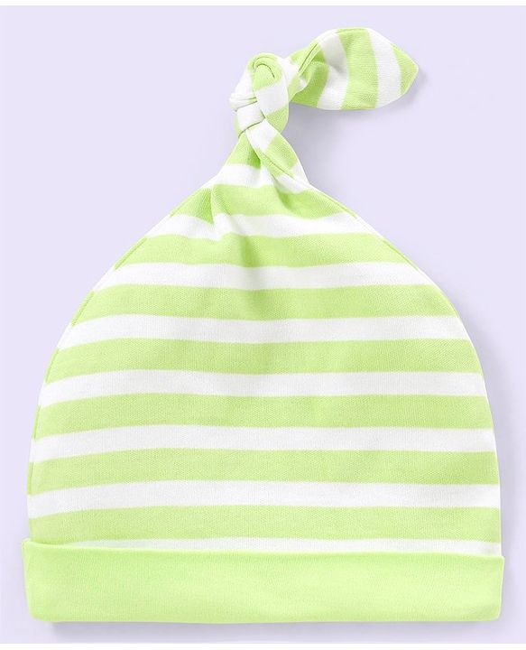 Babyhug 100% Cotton Stripped and Paw Printed Caps Pack of 2 Green and Blue - Diameter 9.5 cm