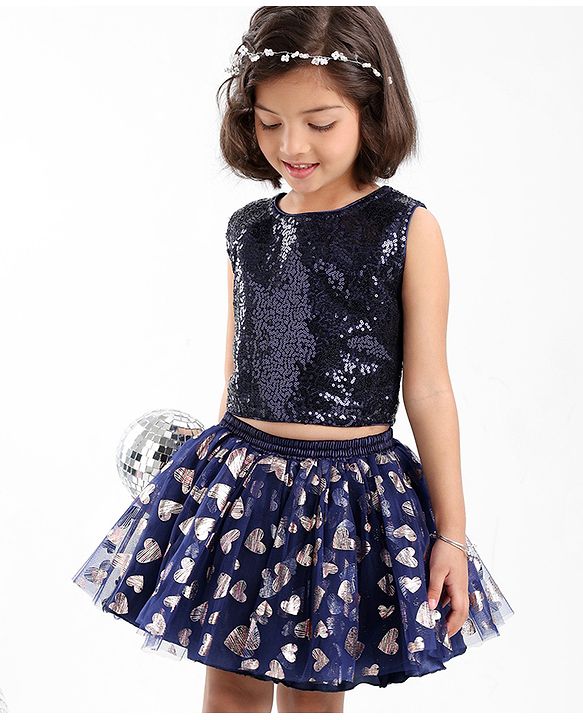 Babyhug Sleeveless Sequin Top and Heart Foil Printed Skirt - Navy Blue