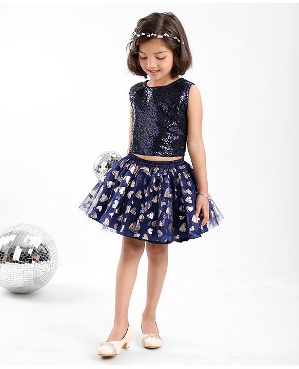 Babyhug Sleeveless Sequin Top and Heart Foil Printed Skirt - Navy Blue