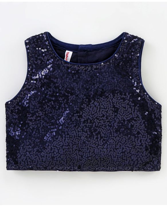 Babyhug Sleeveless Sequin Top and Heart Foil Printed Skirt - Navy Blue
