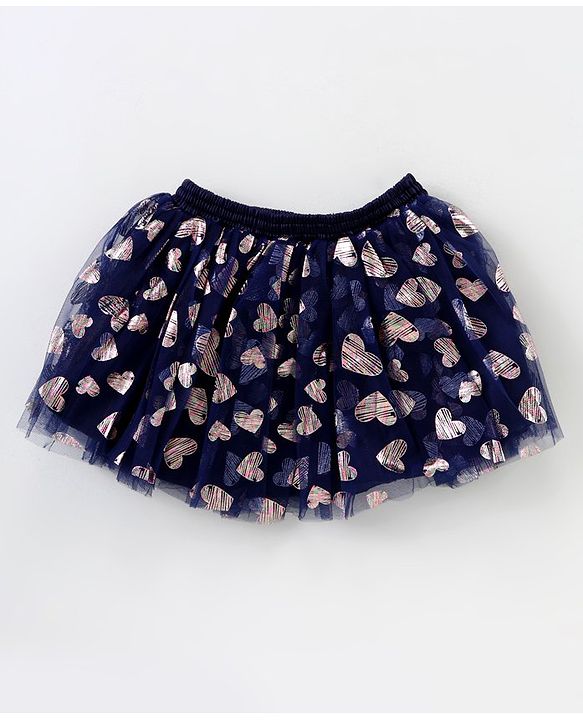 Babyhug Sleeveless Sequin Top and Heart Foil Printed Skirt - Navy Blue
