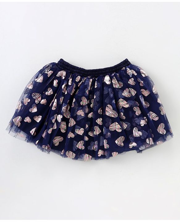 Babyhug Sleeveless Sequin Top and Heart Foil Printed Skirt - Navy Blue