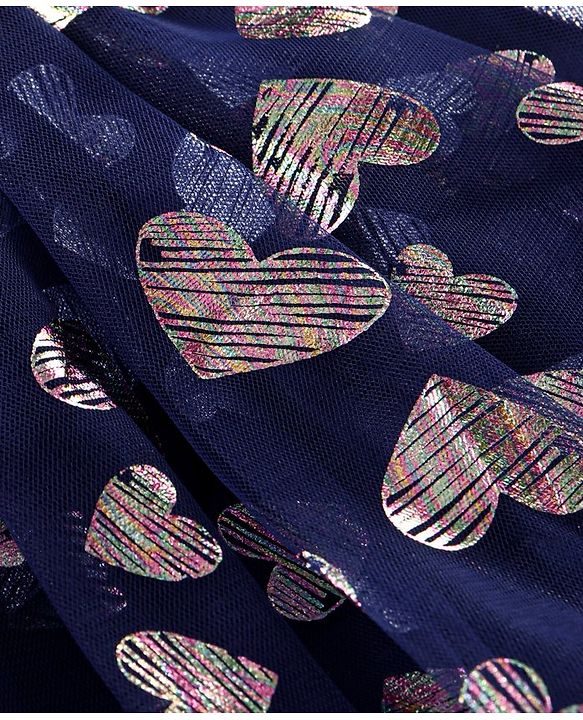 Babyhug Sleeveless Sequin Top and Heart Foil Printed Skirt - Navy Blue