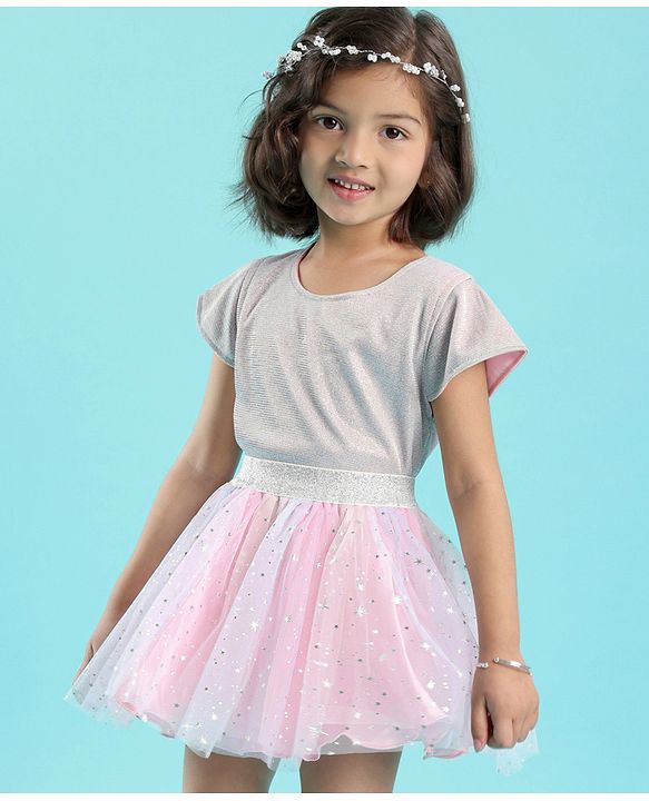 Babyhug Woven Half Sleeves Shimmer Top & Foil Printed Skirt - Pink