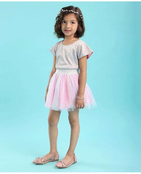 Babyhug Woven Half Sleeves Shimmer Top & Foil Printed Skirt - Pink