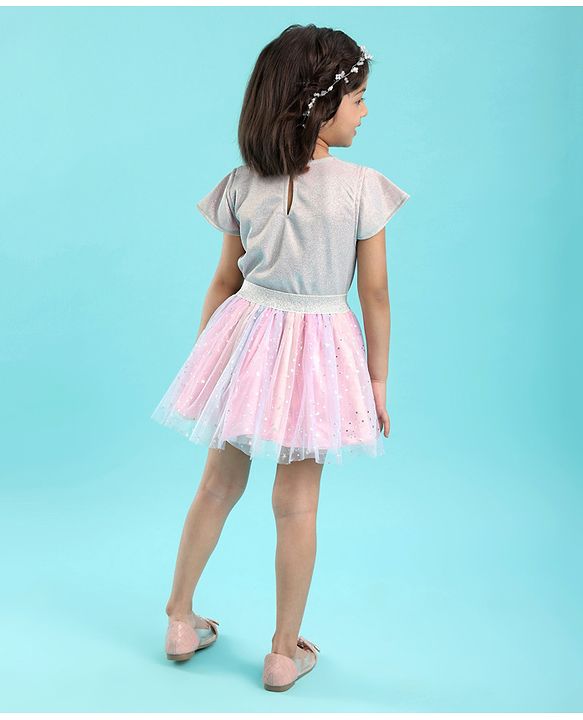Babyhug Woven Half Sleeves Shimmer Top & Foil Printed Skirt - Pink