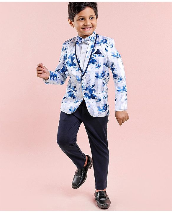 Babyhug Full Sleeves 3 Piece Floral Party Suit - Blue