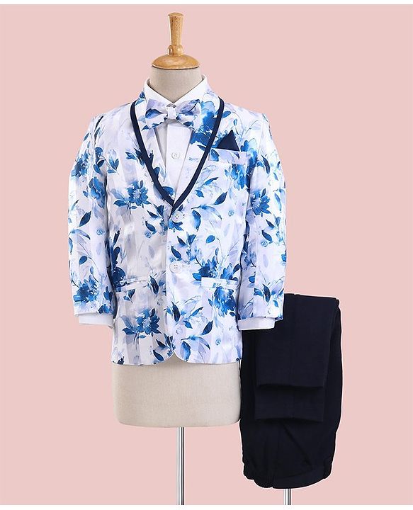 Babyhug Full Sleeves 3 Piece Floral Party Suit - Blue
