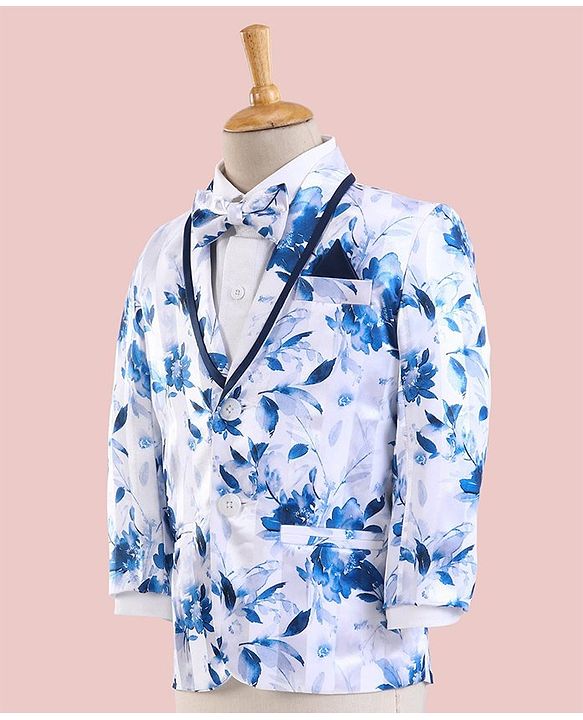 Babyhug Full Sleeves 3 Piece Floral Party Suit - Blue