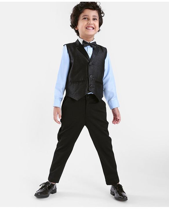 Babyhug Full Sleeves Solid Colour Party Shirt with Waistcoat & Bow - Black & Blue
