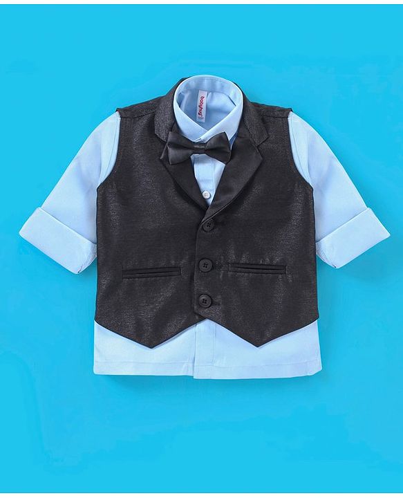 Babyhug Full Sleeves Solid Colour Party Shirt with Waistcoat & Bow - Black & Blue