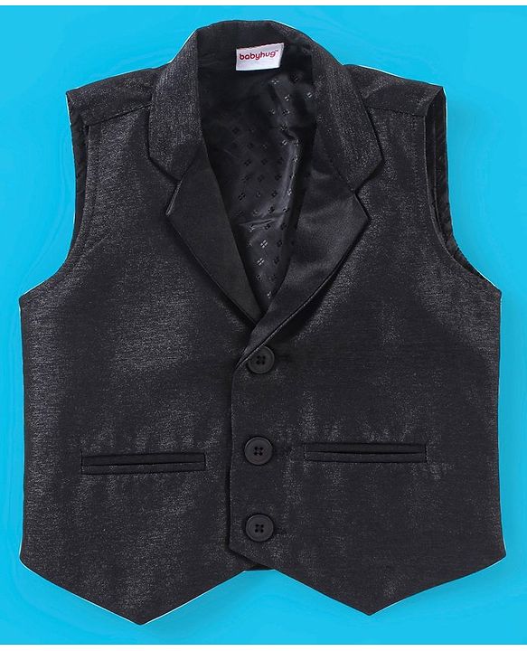 Babyhug Full Sleeves Solid Colour Party Shirt with Waistcoat & Bow - Black & Blue