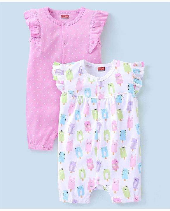 Babyhug 100% Cotton Short Sleeves Romper Dot & Popsicle Print Pack of 2- Pink & White