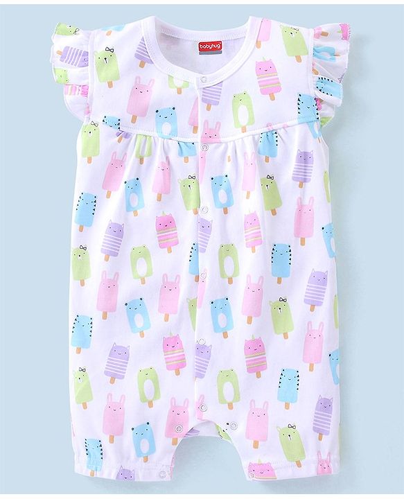 Babyhug 100% Cotton Short Sleeves Romper Dot & Popsicle Print Pack of 2- Pink & White