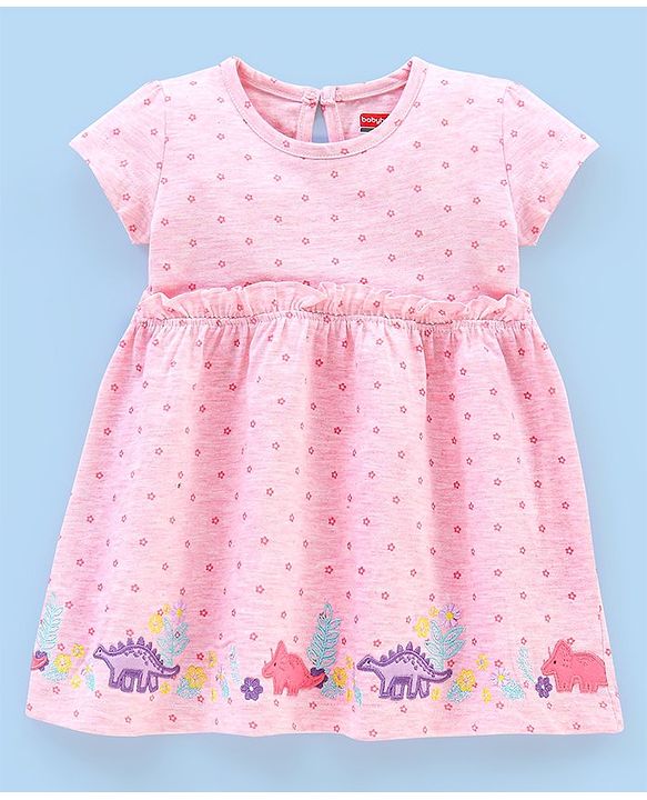 Babyhug 100% Cotton Short Sleeves Frock Dino Embroidery - Pink