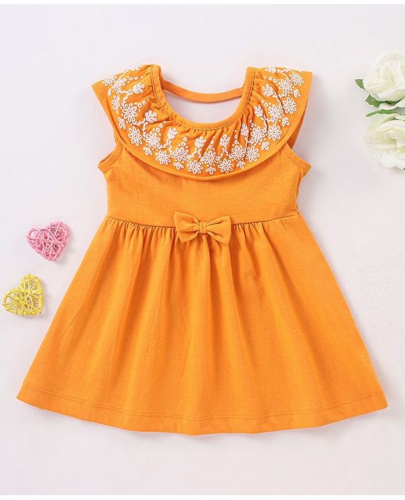 Babyhug 100% Cotton Sleeveless Frock With Embroidery - Orange