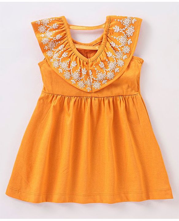 Babyhug 100% Cotton Sleeveless Frock With Embroidery - Orange