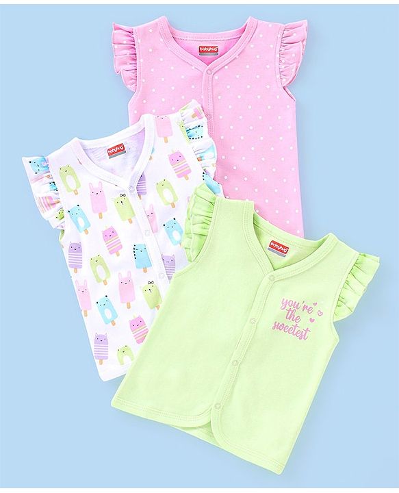 Babyhug 100% Cotton Frill Sleeves Vests Popsicle & Dot Print Pack of 3- Green & Pink