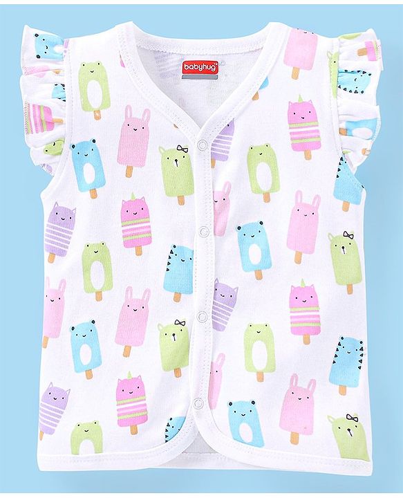 Babyhug 100% Cotton Frill Sleeves Vests Popsicle & Dot Print Pack of 3- Green & Pink