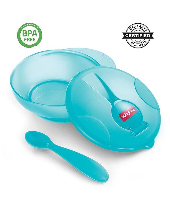 Babyhug Feeding Bowl with Soft Tip Spoon  220 ml - Turquoise Green | BPA Free | Travel-Friendly | Easy-Grip | No Phthalates | Food Grade