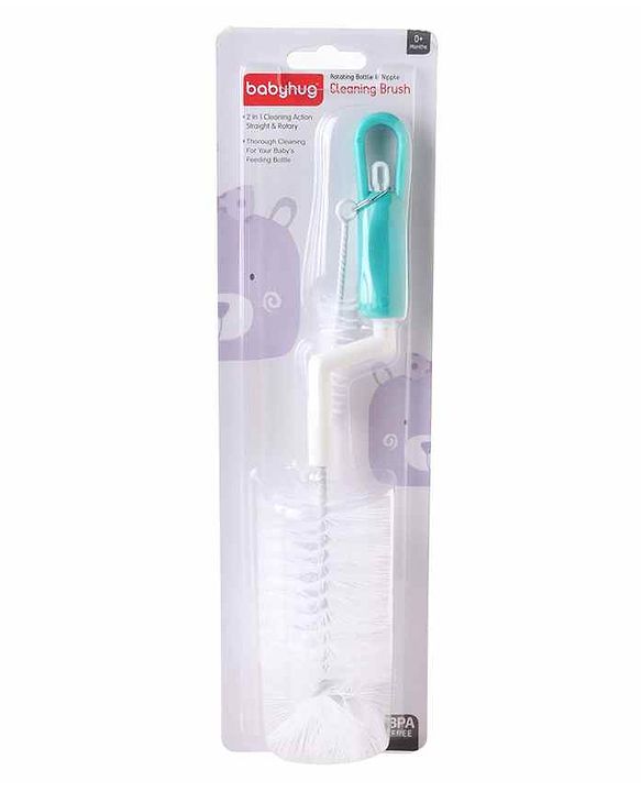 Babyhug 2-in-1 Rotating Bottle & Nipple Cleaning Brush with Soft Bristles  Green | BPA Free | Easy Grip | 360° Cleaning Tool | Easy to Clean Bottles | Silicone Bristles | Anti Slip Handle