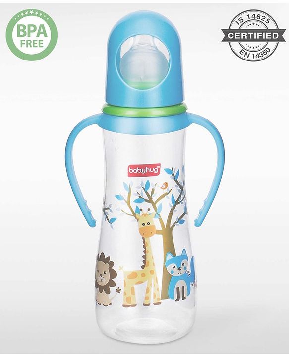Babyhug Bubble Anti-Colic Feeding Bottle with Dual Handles - Blue & White, 250 ml | Sterilizable | BPA-Free | Bottle for Babies | Newborns | Toddlers