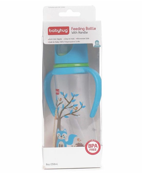 Babyhug Bubble Anti-Colic Feeding Bottle with Dual Handles - Blue & White, 250 ml | Sterilizable | BPA-Free | Bottle for Babies | Newborns | Toddlers