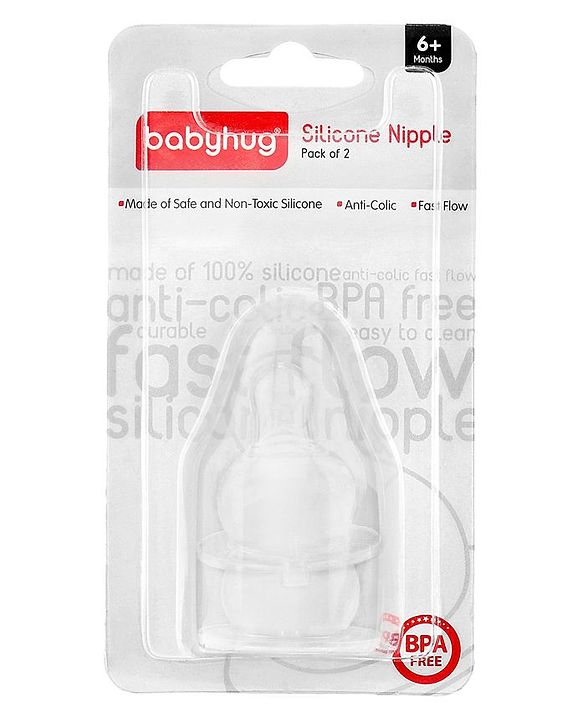 Babyhug Fast Flow Silicone Nipples for Feeding Bottles  Pack of 2 |BPA Free| Soft |Safe | Natural Feel | Silicone