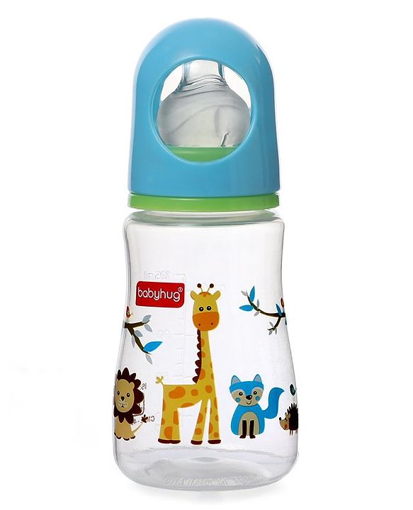 Babyhug Bubble Anti-Colic Sterilizable Feeding Bottle Blue - 125 ml | BPA-Free | Leak-Resistant| Silicone | Mimics Natural Feeding | Spirally Grooved