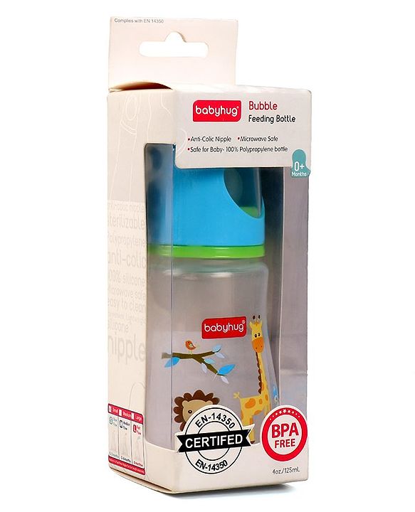 Babyhug Bubble Anti-Colic Sterilizable Feeding Bottle Blue - 125 ml | BPA-Free | Leak-Resistant| Silicone | Mimics Natural Feeding | Spirally Grooved