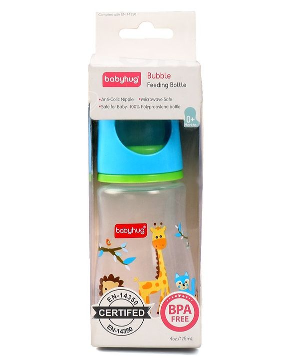 Babyhug Bubble Anti-Colic Sterilizable Feeding Bottle Blue - 125 ml | BPA-Free | Leak-Resistant| Silicone | Mimics Natural Feeding | Spirally Grooved