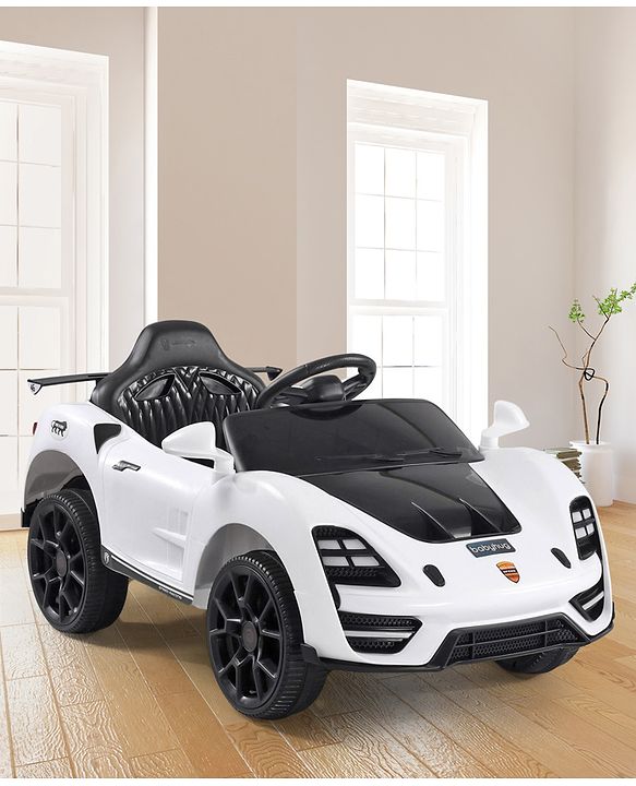 Babyhug Battery Operated Ride On Car with Music & Lights - White| Forward & Reverse Drive| Wide Comfortable Seat| Rechargeable Battery| Remote Control| Pre-loaded Music with USB & AUX