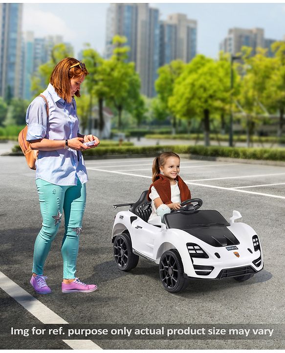 Babyhug Battery Operated Ride On Car with Music & Lights - White| Forward & Reverse Drive| Wide Comfortable Seat| Rechargeable Battery| Remote Control| Pre-loaded Music with USB & AUX