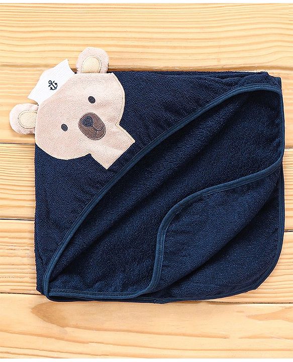 Babyhug  Woven Terry Hooded Towel Bear Embroidery - Blue