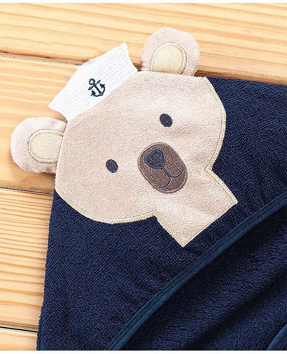 Babyhug  Woven Terry Hooded Towel Bear Embroidery - Blue