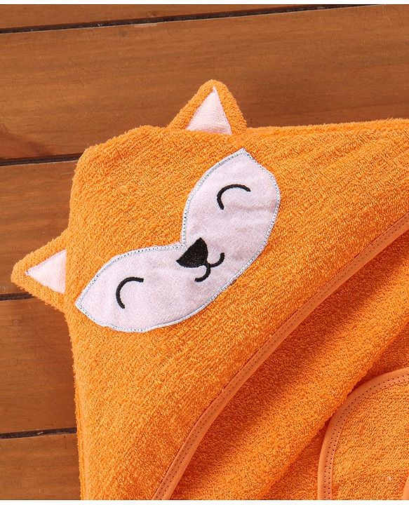 Babyhug Woven Terry Embroidered Hooded Towel Fox Print - Brown