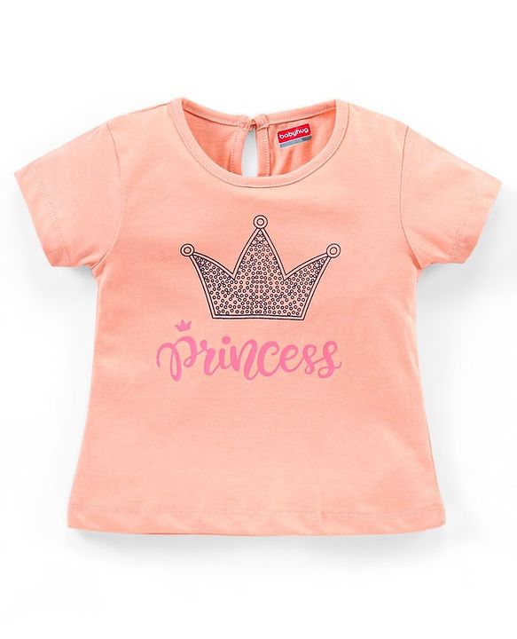 Babyhug 100% Cotton Half Sleeves Top Princess Graphics Print - Peach