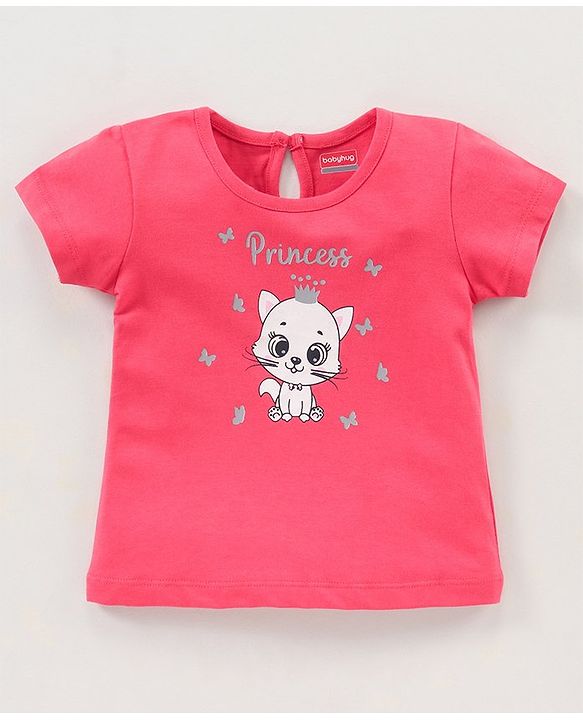 Babyhug 100% Cotton Knit Half Sleeves Tee Kitty Graphics - Fuchsia