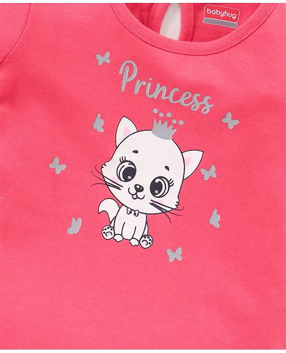 Babyhug 100% Cotton Knit Half Sleeves Tee Kitty Graphics - Fuchsia