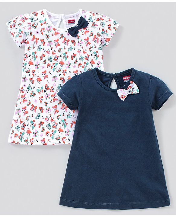 Babyhug 100% Cotton Knit Half Sleeves Butterfly Print Frocks With Bow Applique Pack Of 2 - White & Navy Blue