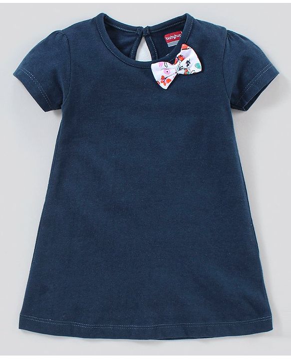 Babyhug 100% Cotton Knit Half Sleeves Butterfly Print Frocks With Bow Applique Pack Of 2 - White & Navy Blue