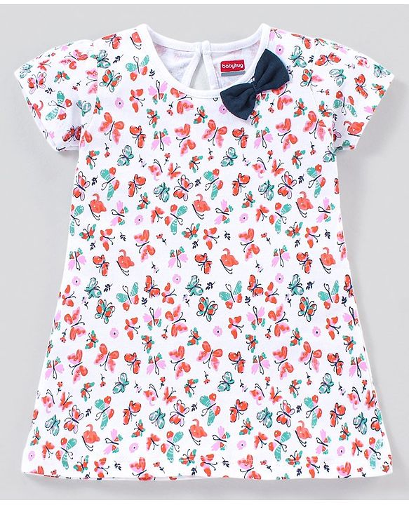 Babyhug 100% Cotton Knit Half Sleeves Butterfly Print Frocks With Bow Applique Pack Of 2 - White & Navy Blue