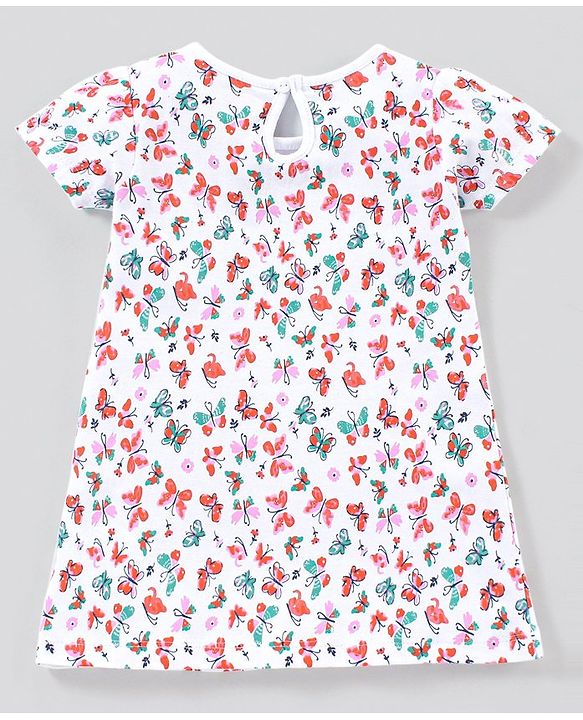 Babyhug 100% Cotton Knit Half Sleeves Butterfly Print Frocks With Bow Applique Pack Of 2 - White & Navy Blue